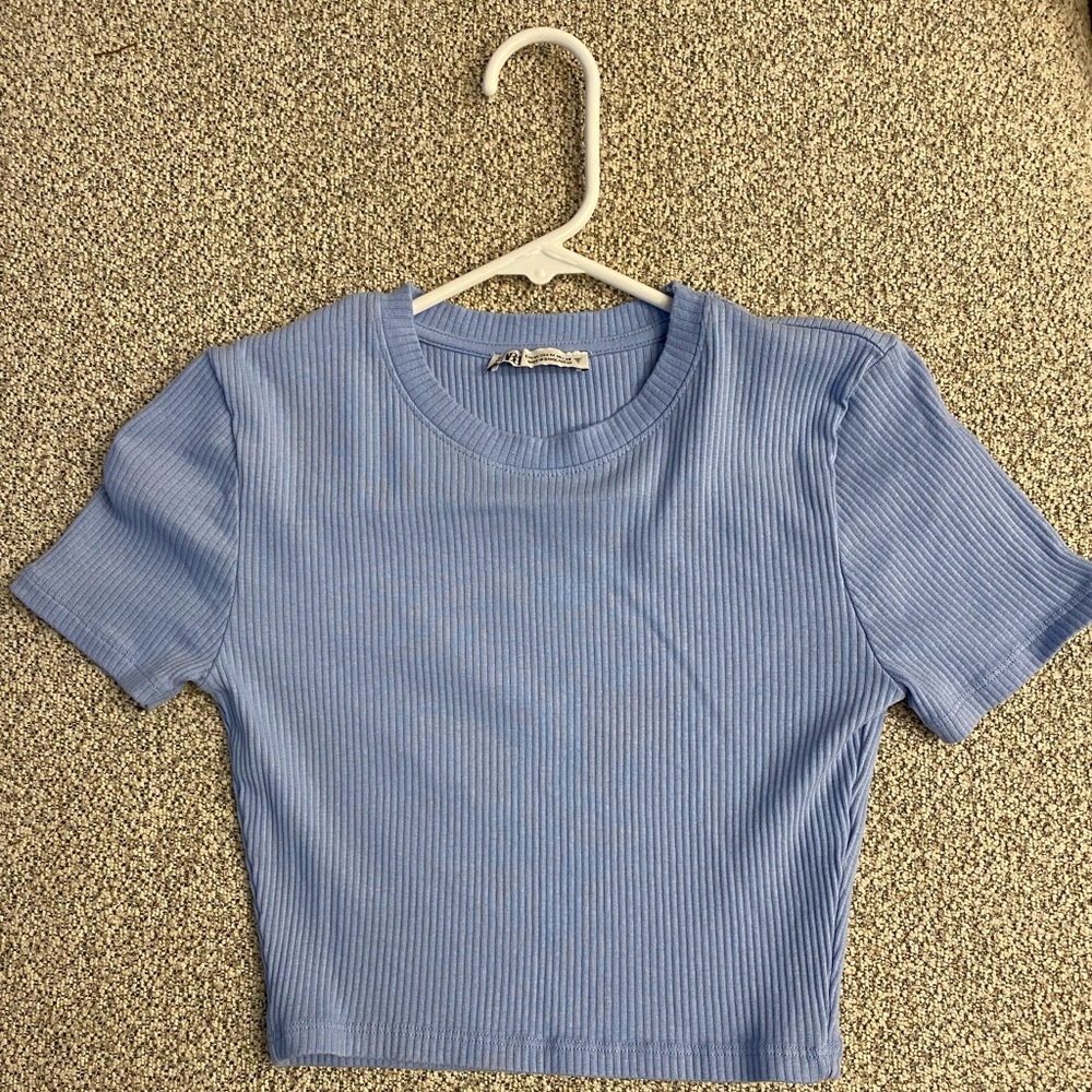 Blue Ribbed Cropped Baby Tee
